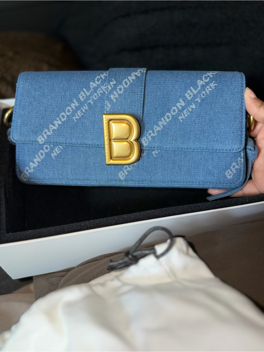 Brandon Blackwood Denim Blue 'B' Logo Crossbody Bag with Gold Hardware